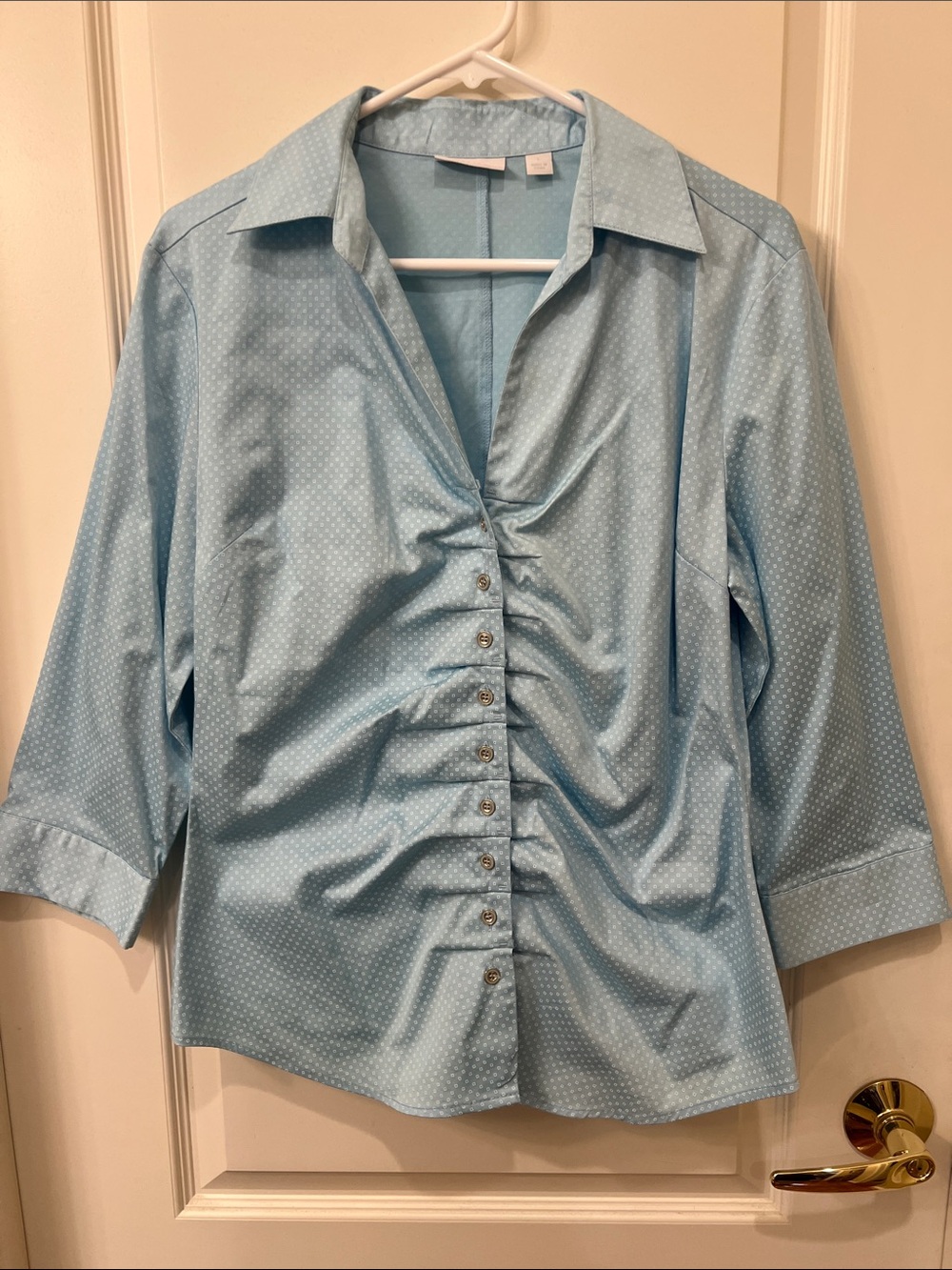 New York & Company Light Blue Ruched Button-Down Shirt